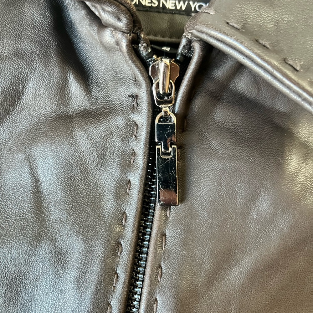 Jones New York Brown Genuine Leather Jacket Fitted Zip Front Size S - Picture 16 of 16